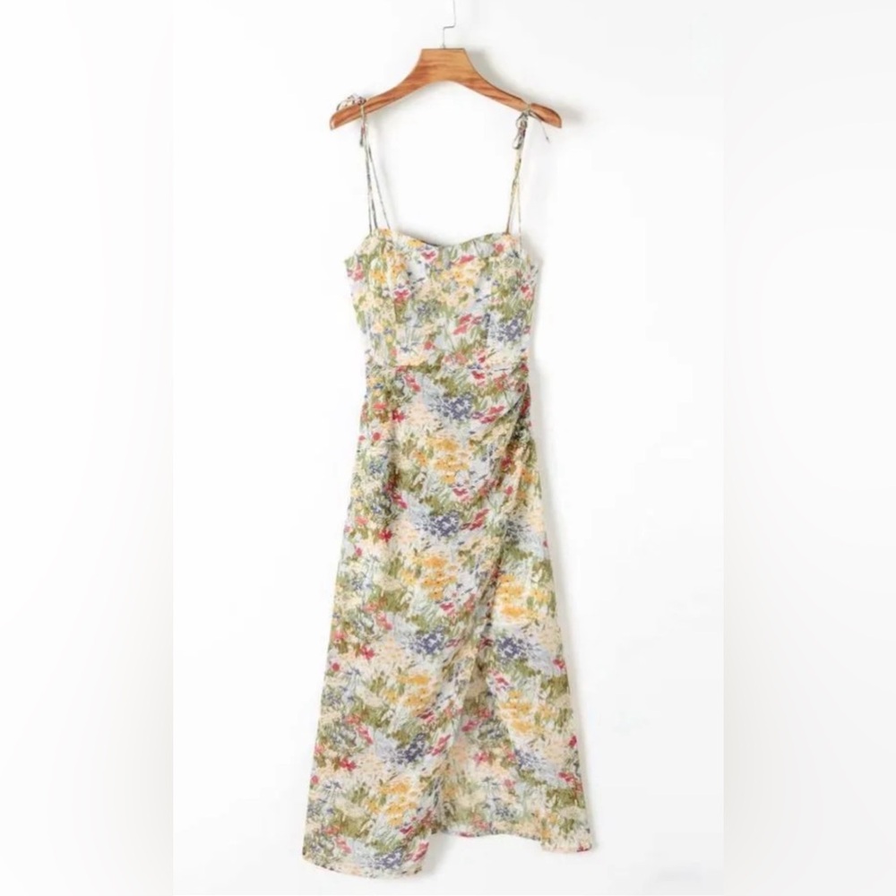 Tie strap floral print slit midi dress - tiktok viral